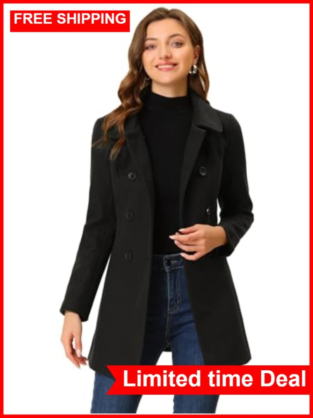 Peter Pan Collar Double Breasted Trench Pea Coat Polyester Rayon Winter